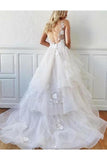 A-Line V Neck Sweep Train Backless Wedding Dresses With Appliques Rjerdress
