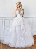 A-Line V Neck Sweep Train Backless Wedding Dresses With Appliques Rjerdress