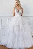 A-Line V Neck Sweep Train Backless Wedding Dresses With Appliques