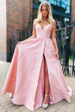 A-Line V-Neck Sweep Train Satin Pink Backless Prom Dress With Split
