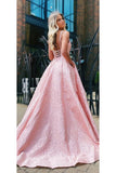 A-Line V-Neck Sweep Train Satin Pink Backless Prom Dress With Split Rjerdress