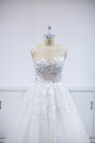 A Line V Neck Tulle Backless Floral Appliques Beach Wedding Dresses, Boho Wedding Gowns Rjerdress
