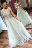 A Line V-Neck Tulle Backless Prom Dress with Sequins Appliques Long Evening Dresses RJS362 Rjerdress