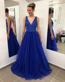 A Line V-Neck Tulle Backless Prom Dress with Sequins Long Evening Dresses Rrjs362