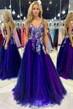 A Line V Neck Tulle Lace Appliques Backless Sleeveless Prom Dresses RJS83