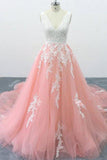 A-Line V Neck Tulle Lace Appliques Cathedral Train Formal Prom Dress Rjerdress