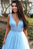 A Line V Neck Tulle Light Blue Prom Dresses Floor Length Beads Evening Gowns RJS528 Rjerdress