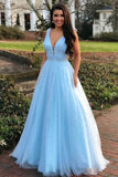 A Line V Neck Tulle Light Blue Prom Dresses Floor Length Beads Evening Gowns RJS528