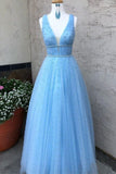 A Line V Neck Tulle Light Blue Prom Dresses Floor Length Beads Evening Gowns RJS528 Rjerdress