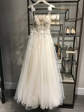 A Line V Neck Tulle Long Ivory Lace Appliques Cheap Wedding Dresses Rjerdress