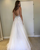 A Line V Neck Tulle Long Ivory Lace Appliques Cheap Wedding Dresses Rjerdress