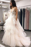 A Line V Neck Tulle Long Prom Dresses Asymmetrical Lace Appliques RJS225