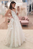 A Line V Neck Tulle Long Wedding Dresses With Lace Appliques Rjerdress