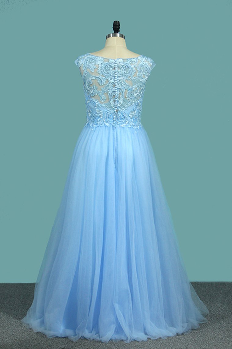 A Line V Neck Tulle Party Dresses With Applique And Beads Floor Length Rjerdress
