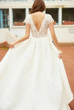 A Line V Neck Vintage High Low Capped Sleeves Lace Appliques Wedding Dresses Rjerdress