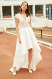 A Line V Neck Vintage High Low Capped Sleeves Lace Appliques Wedding Dresses