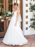 A Line V Neck Wedding Dresses Tulle With Ruffles Sweep Train
