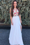 A Line V Neck White Embroidery Side Slit Chiffon Long Formal Dress Prom Dresses uk RJS215