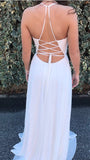 A Line V Neck White Embroidery Side Slit Chiffon Long Formal Dress Prom Dresses uk RJS215 Rjerdress