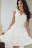 A-Line V-Neck White Tulle Short Prom Dresses Cute Lace Appliques Homecoming Dress RJS719