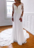 A Line V Neckline Chiffon Lace Long Open Back Sleeves Wedding Dresses Rjerdress