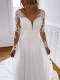 A Line V Neckline Chiffon Lace Long Open Back Sleeves Wedding Dresses Rjerdress