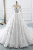 A Line Wedding Dresses Long Sleeves With Applique Tulle Covered Button Sweep Train Rjerdress