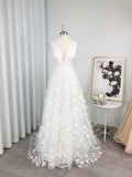 A Line Wedding Dresses V Neck Organza With Handmade Applique Sweep Train Rjerdress