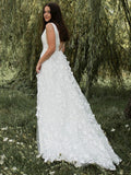 A Line Wedding Dresses V Neck Organza With Handmade Applique Sweep Train Rjerdress
