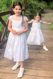 A Line White Scoop Lace Cap Sleeve Flower Girl Dress With Bowknot