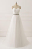 A Line White Spaghetti Straps Tulle Beads Appliques Sweetheart Zipper Prom Dresses rjs597