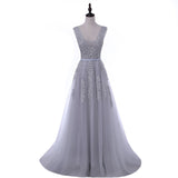 A-Line White Tulle with Lace Appliqued V-Neck Long Sleeveless Floor-Length Prom Dresses RJS385 Rjerdress