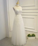 A-Line White Tulle with Lace Appliqued V-Neck Long Sleeveless Floor-Length Prom Dresses RJS385 Rjerdress