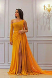 A Line Yellow One Long Sleeve Chiffon Prom Dresses High Slit Formal Dresses uk rjs349 Rjerdress