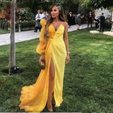 A Line Yellow One Long Sleeve Prom Dresses High Slit Formal Dresses