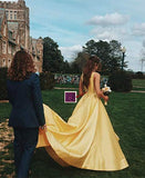 A Line Yellow V Neck Prom Dresses Satin Backless Lace up Long Evening Dresses Rjerdress