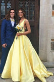 A Line Yellow V Neck Prom Dresses Satin Backless Lace up Long Evening Dresses Rjerdress