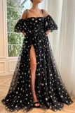 A-line Black Tulle Short Sleeves Long Prom Dresses With Slit, Spaghetti Straps Evening Dresses