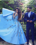 A line Blue Half Sleeve Satin Beads Prom Dresses Sweetheart Lace Appliques Formal Dress RJS551 rjerdress