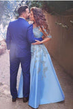 A line Blue Half Sleeve Satin Beads Prom Dresses Sweetheart Lace Appliques Formal Dress RJS551 rjerdress