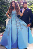 A line Blue Half Sleeve Satin Beads Prom Dresses Sweetheart Lace Appliques Formal Dress RJS551