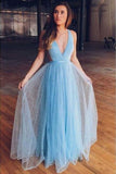 A line Blue Tulle Straps Sleeveless Prom Dresses Floor Length Long Cheap Evening Dresses
