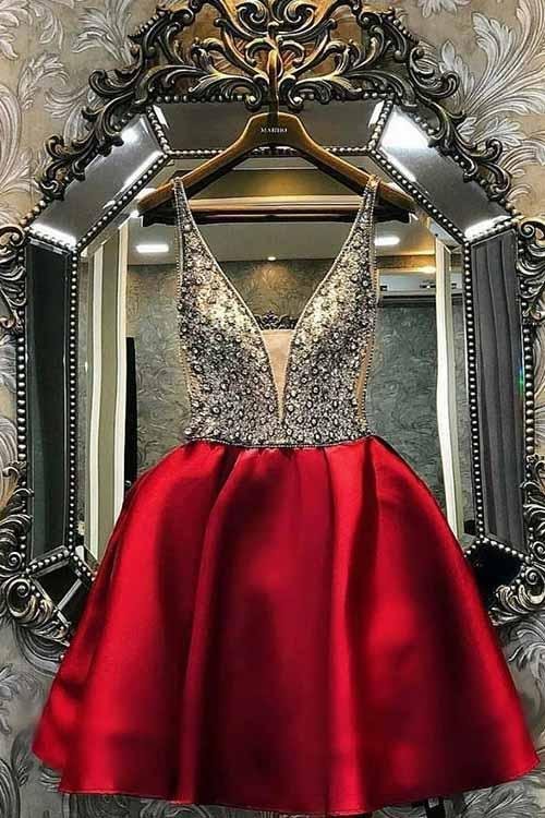 A-line Burgundy Satin Homecoming Dress Short V Neck with Beading Prom Dresses H1202 Rjerdress
