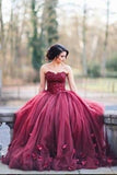 A-line Charming Long Puffy Burgundy Strapless Sleeveless Tulle Appliques Prom Dresses uk BD501 Rjerdress