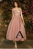 A line Dusty Pink Short Sleeve Bridesmaid Dresses With Appliques Lace,Tulle Prom Dresses Rjerdress