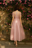 A line Dusty Pink Short Sleeve Bridesmaid Dresses With Appliques Lace,Tulle Prom Dresses rjerdress