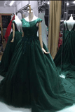 A-line Green Lace Appliques Ball Gown V-back Evening Dresses Party Dresses Rrjs737