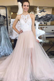 A-line Halter Lace Tulle Floor Length Prom Dresses Evening Dresses RJS553