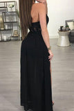 A-line Halter See-through Black Floor Length Appliqued Chiffon Sexy Long Prom Dresses uk Rjerdress