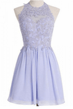 A-line Halter Short Lilac Chiffon Homecoming Dress Appliques Crystal RJS483